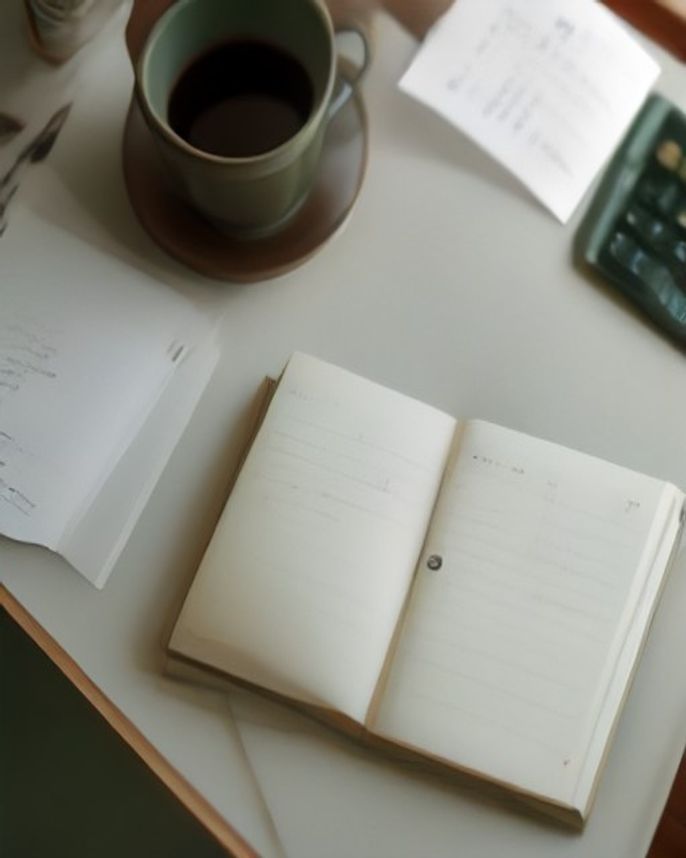 A tidy accountant's desk — ledger, fountain pen and reading glasses in warm light