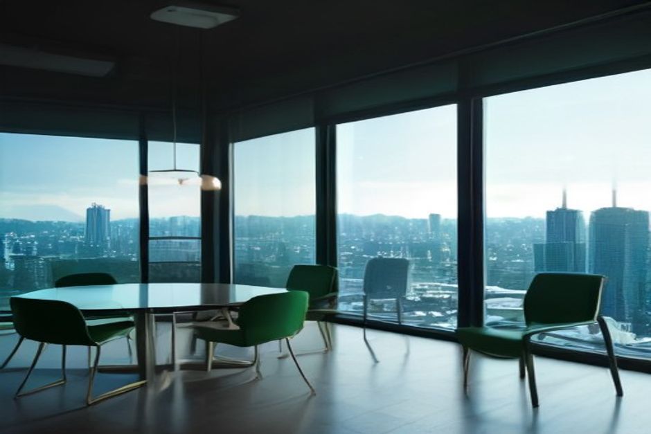 The Pacific Ledger office — warm wood, linen chairs and evergreen walls